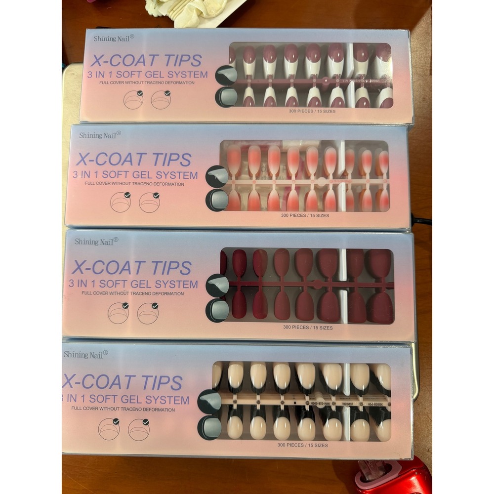 Shining Nail X-Coat Tips 3 in 1 Soft Gel System 300pc Set 4 Pack Bundle Multi